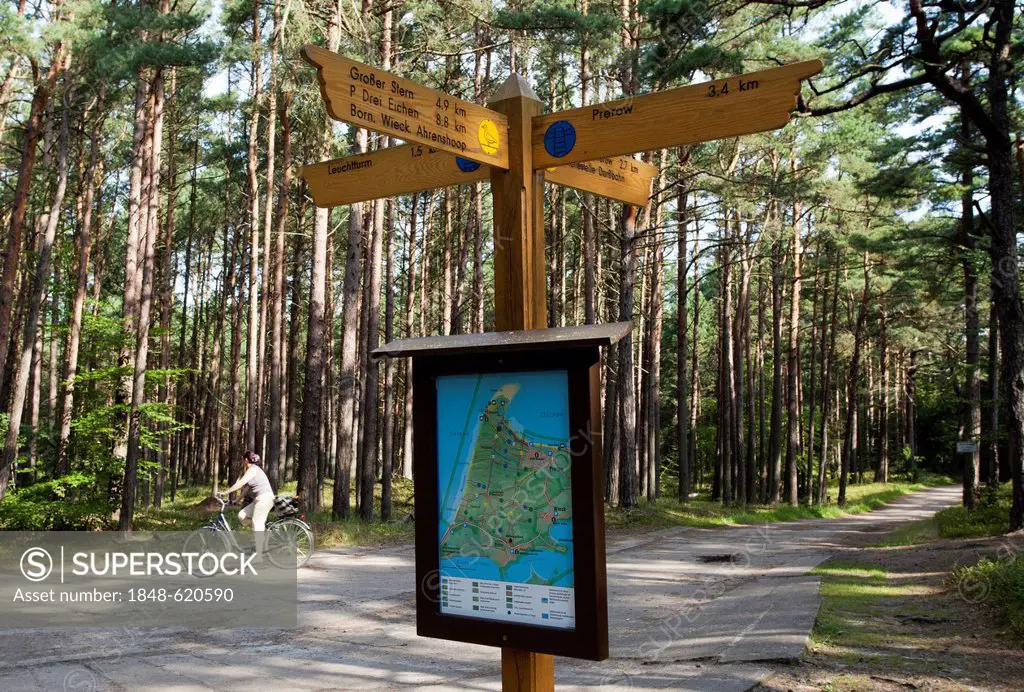 Signpost for cyclists in the Darsser Wald forest, Western Pomerania Lagoon Area National Park, Mecklenburg-Western Pomerania, Germany, Europe