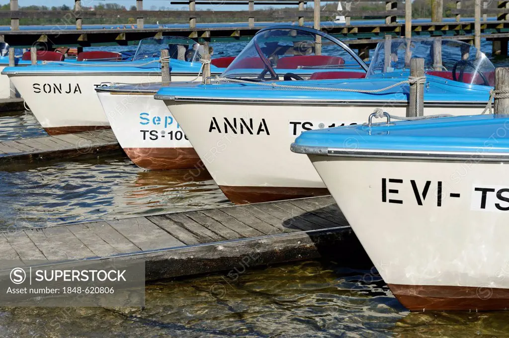 Electric boats for hire, Chiemsee lake, Prien, Chiemgau region, Upper Bavaria, Bavaria, Germany, Europe