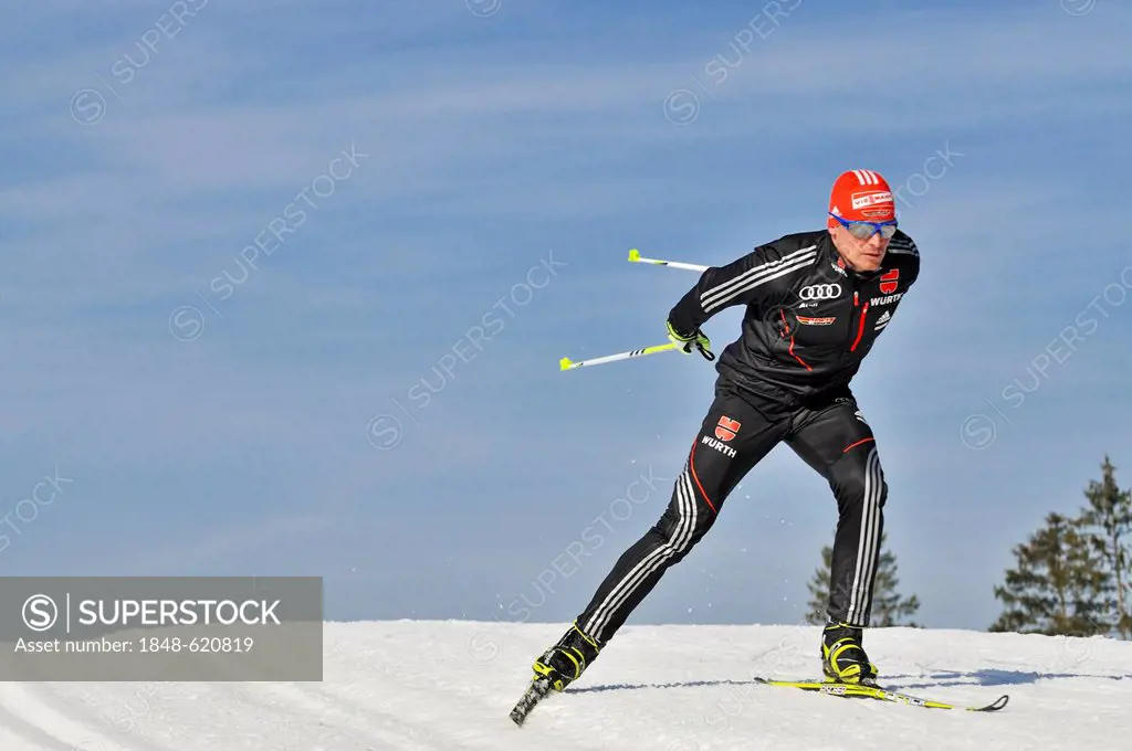Cross-country skiing, Tobias Angerer, Hemmersuppenalm alp, Reit im Winkl, Chiemgau region, Upper Bavaria, Bavaria, Germany, Europe