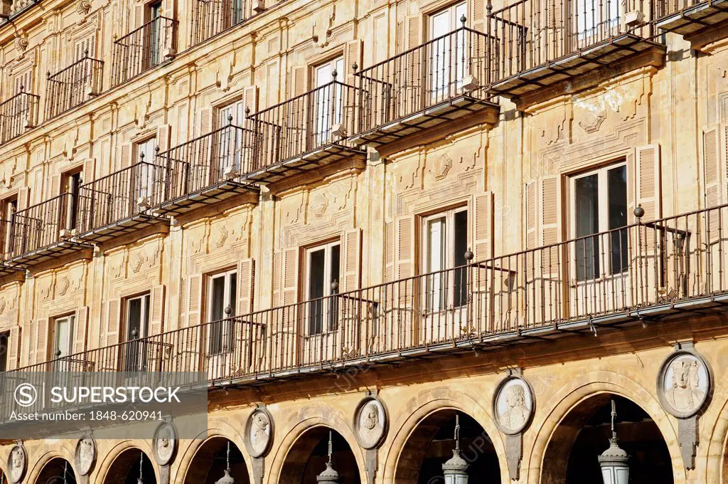Facades, balconies, Plaza Mayor, Salamanca, Castile-Leon, Spain, Europe, PublicGround