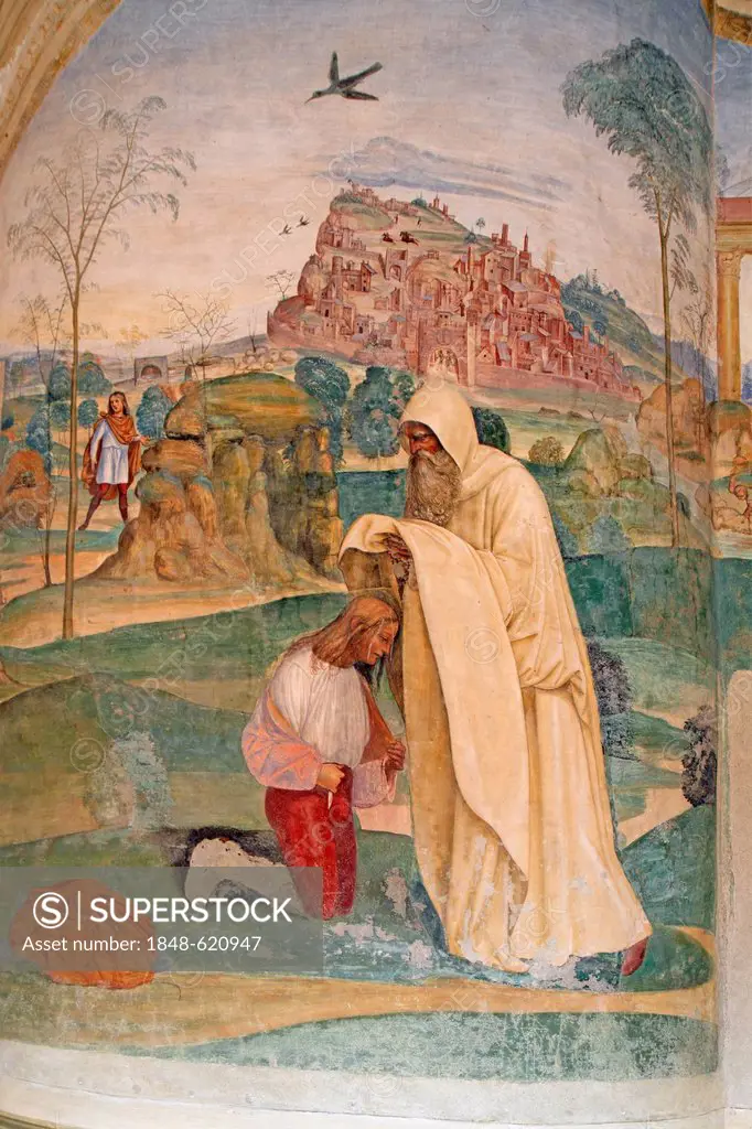 Fresco, life of St. Benedict, fresco by Sodoma, detail view of picture 4, the monk Romanus handing the hermit's habit to Benedict outside the city of ...