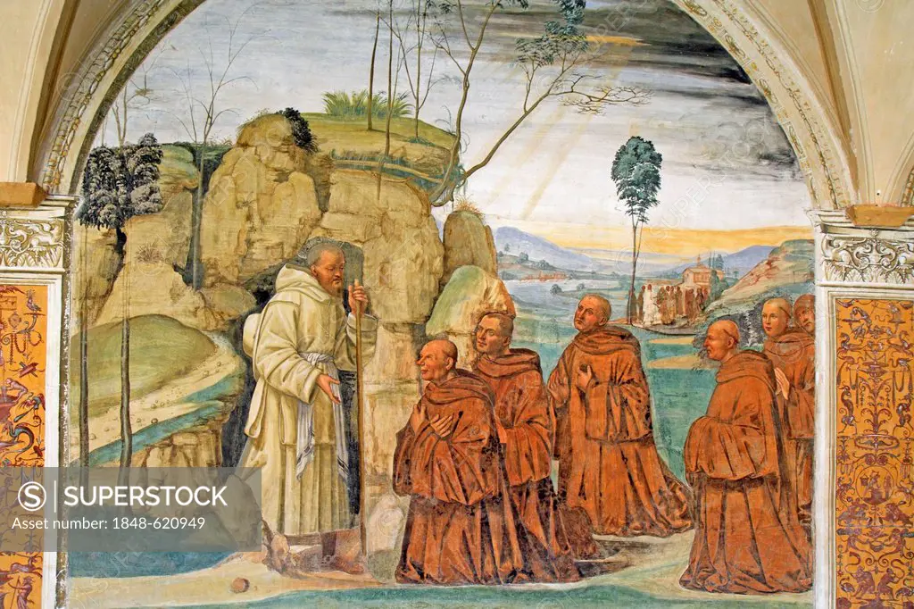 Fresco, life of St. Benedict, fresco by Sodoma, picture 9, Benedict agrees to the requests of the hermits to become their abbot, cloister of Abbazia d...