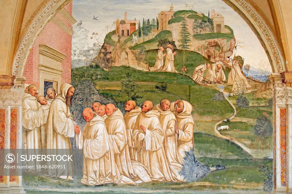 Fresco, life of St. Benedict, fresco by Sodoma, picture 14, Benedict lets a spring appear, cloister of Abbazia di Monte Oliveto Maggiore, monastery, T...