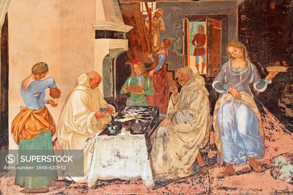 Fresco series depicting the life of St. Benedict, fresco by Signorelli, scene 26, Benedict rebuking a monk who broke the fast, cloister of Abbazia di ...