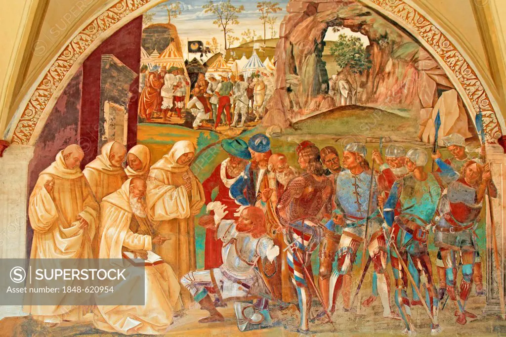 Fresco series depicting the life of St. Benedict, fresco by Signorelli, scene 20, Benedict predicting the destruction of Monte Cassino to the Gothic K...