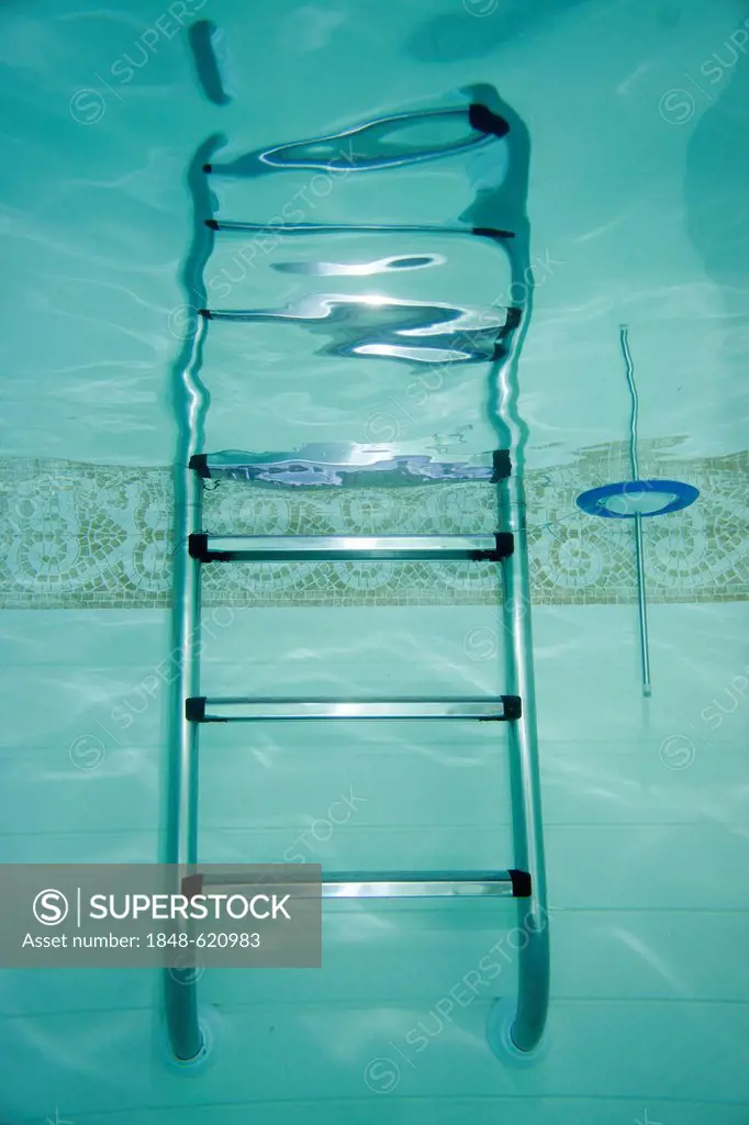 Swimming pool ladder with a thermometer, Germany, Europe