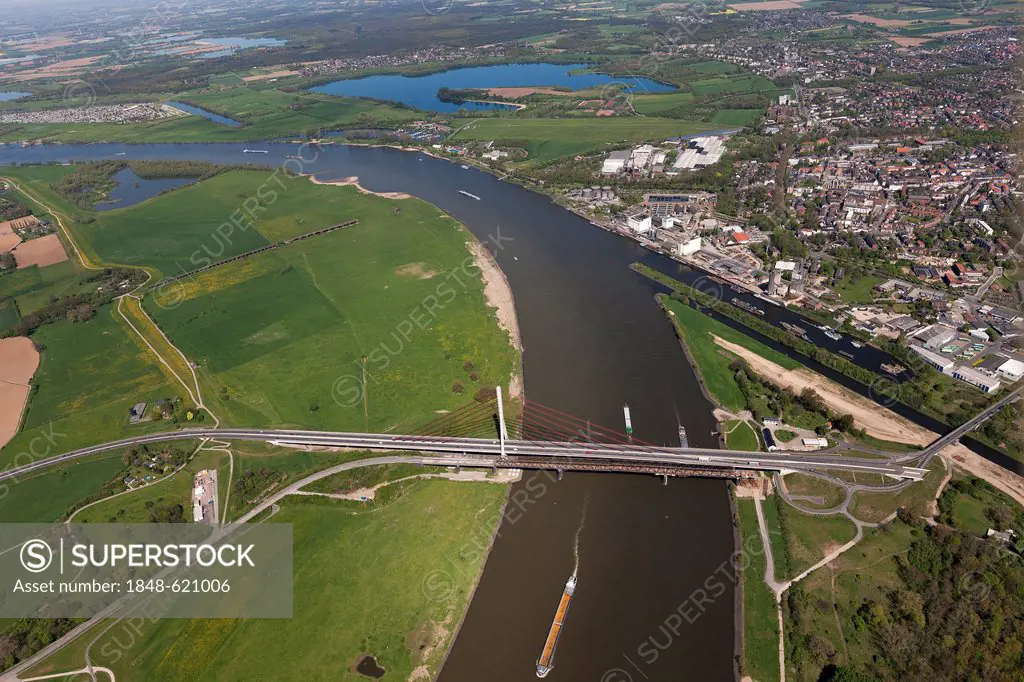 Aerial view, Lippe river, reconstruction of the mouth of the Lippe river, Stadthafen harbor in Wesel, tributary of the Rhine river, Rhine river, Wesel...