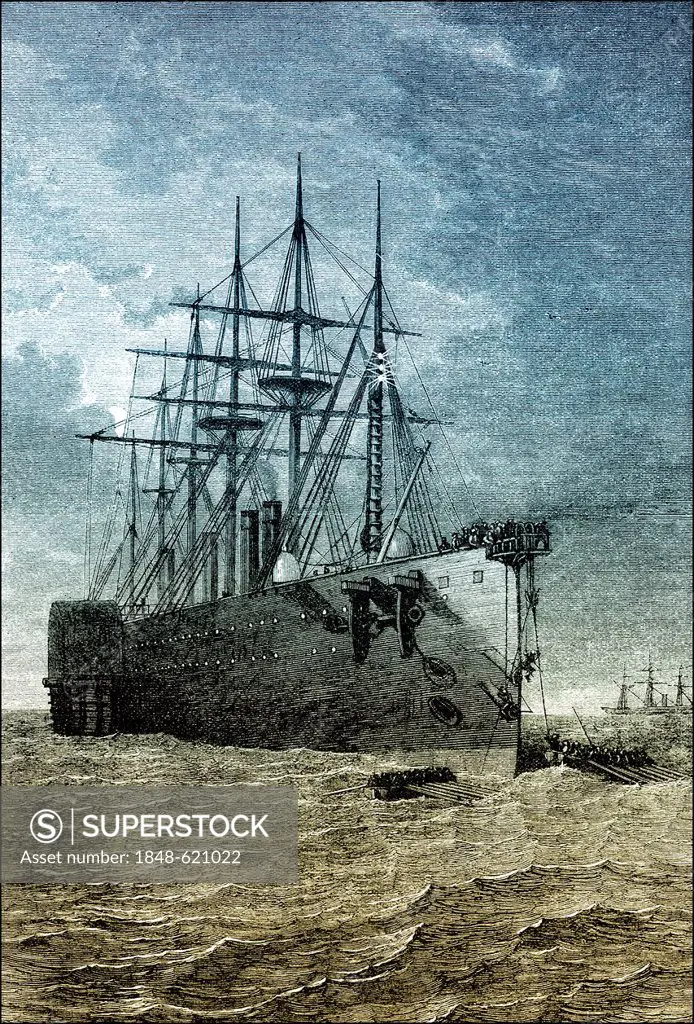 Historical drawing, US-American history, 19th century, The Great Eastern, a sailing boat and steamer designed by the British engineer Isambard Kingdom...