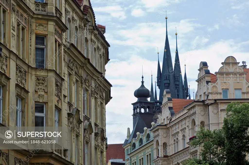 Restored facades with the towers of Tynsky chram, Tyn Church at back, Prague, Czech Republic, Europe