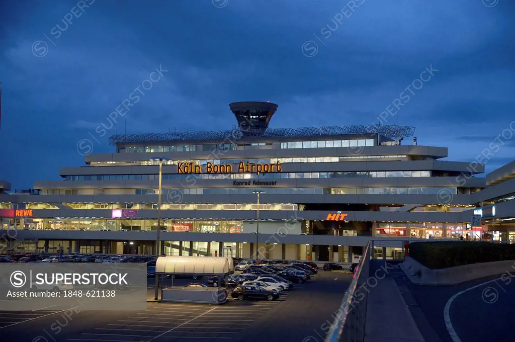 Cologne Bonn Airport, at night, dusk, Cologne, North Rhine-Westphalia, Germany, Europe