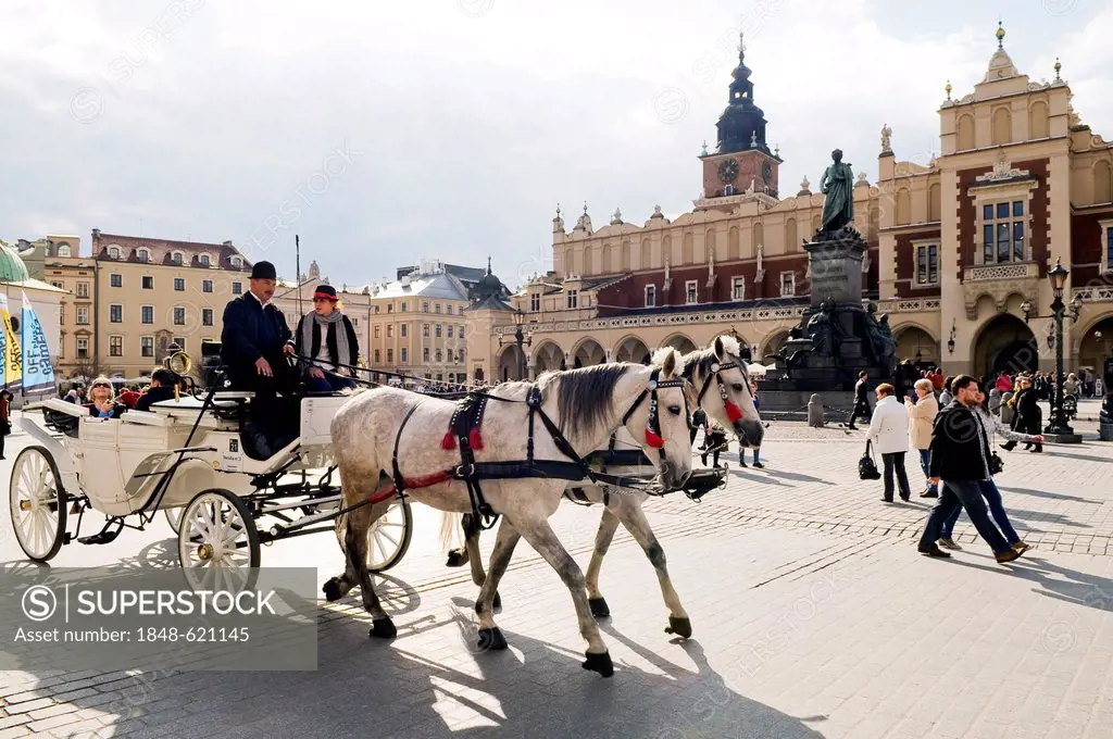 Horse-drawn cab, St Mary's Basilica, Kosciot Mariacki, left, at Rynek Glowny, Main Market Square, with drapers' hall, Krakow, UNESCO World Heritage Si...