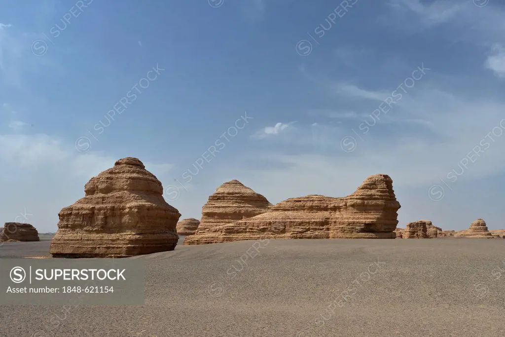 Dry desert landscape with rock formations, historic Silk Road, Yumen Pass, Yadan National Park, Gansu, China, Asia