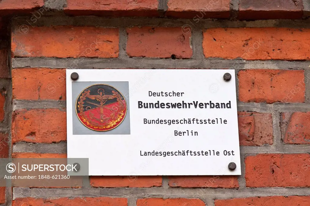 Sign, Deutscher Bundeswehrverband, Bundesgeschaeftsstelle Berlin, Landesgeschaeftsstelle Ost, German for armed forces association, federal office, sta...