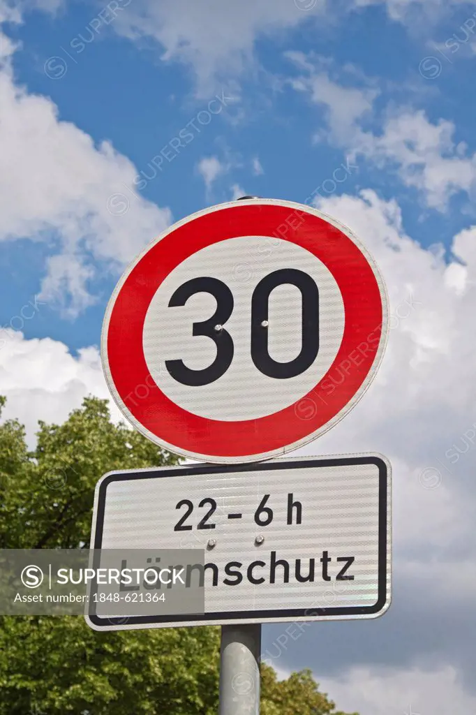 Road sign, speed limit at 30 km/h, 22-06 hours, Laermschutz, German for noise control
