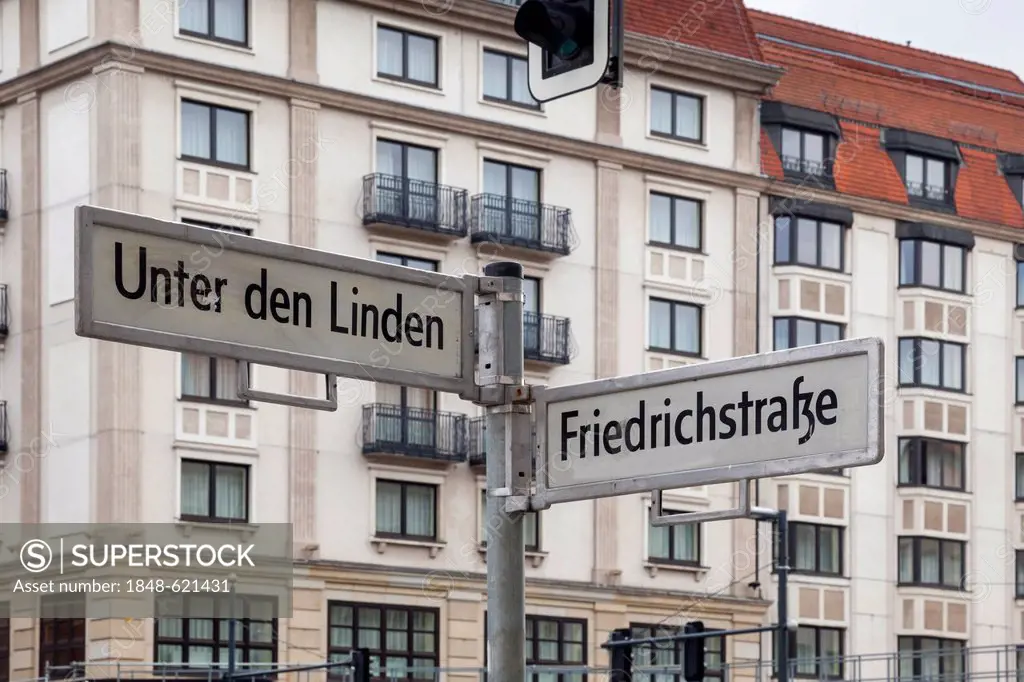 Unter den Linden, Friedrichstrasse, street signs, Berlin, Germany, Europe
