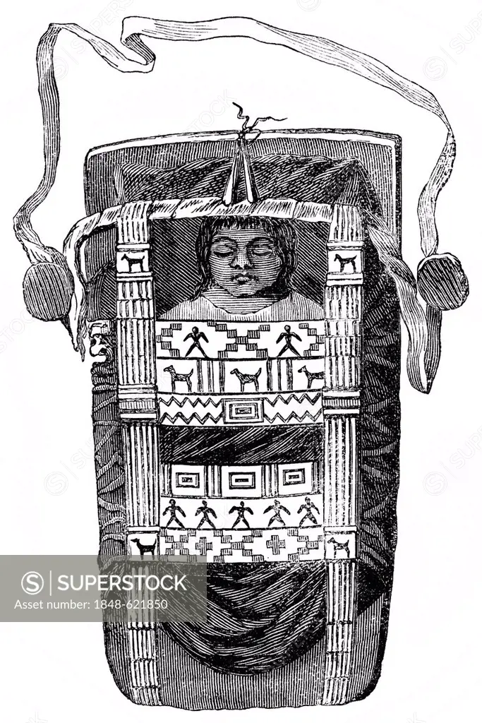 Historic drawing, Indian cradle for small children in North America, around 1810
