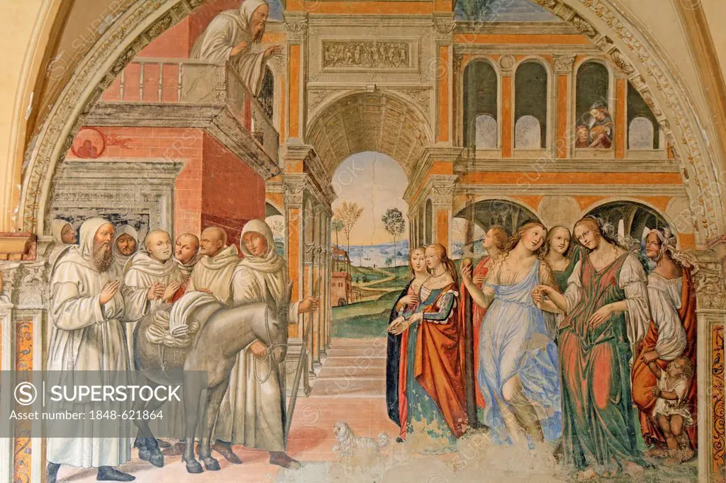 Fresco series depicting the life of St. Benedict, fresco by Sodoma, scene 19, Florentinus letting prostitutes dance in front of the monastery, cloiste...