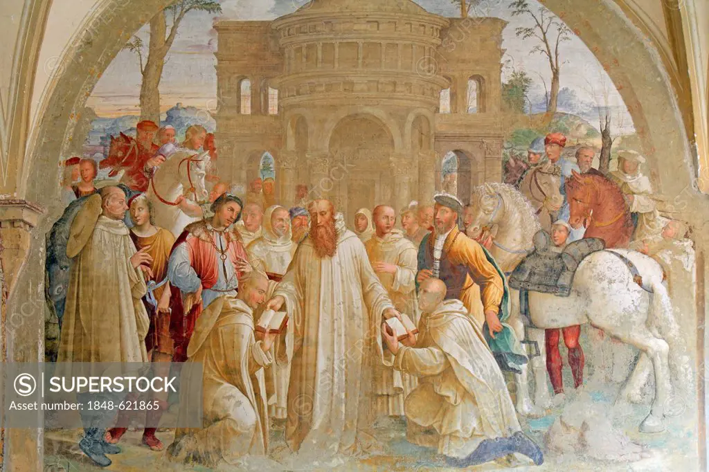 Fresco series depicting the life of St. Benedict, fresco by Bartolomeo Neroni, scene 20, Benedict sending Maurus to France and Placidus to Sicily, clo...