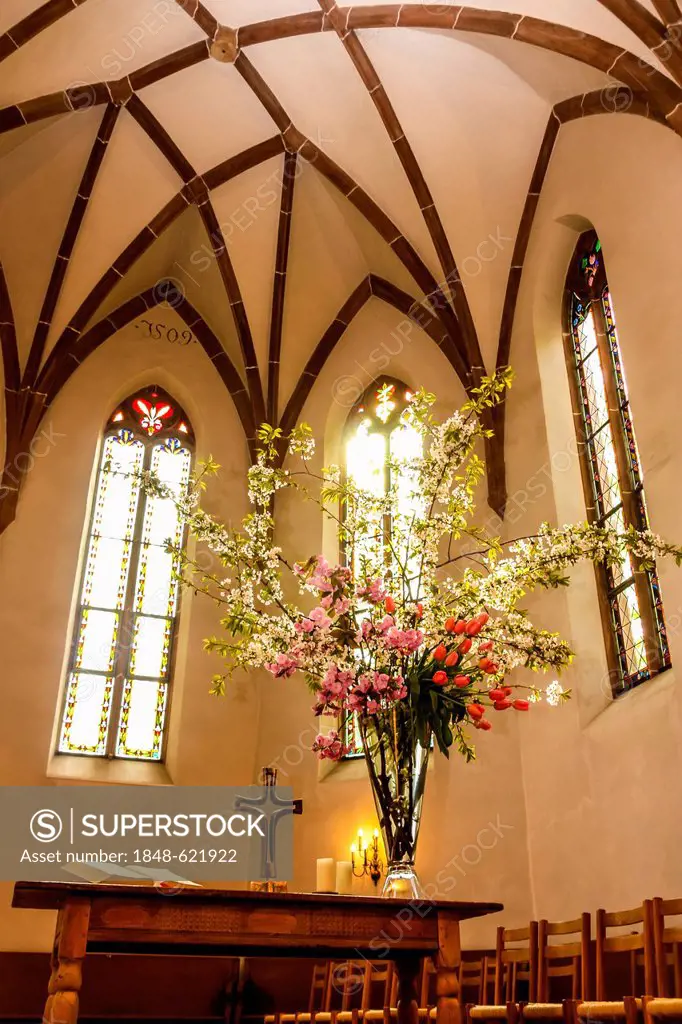 Altar area, chancel, Pilgrim Mission of St. Chrischona, Bettingen, Canton Basel-City, Switzerland, Europe
