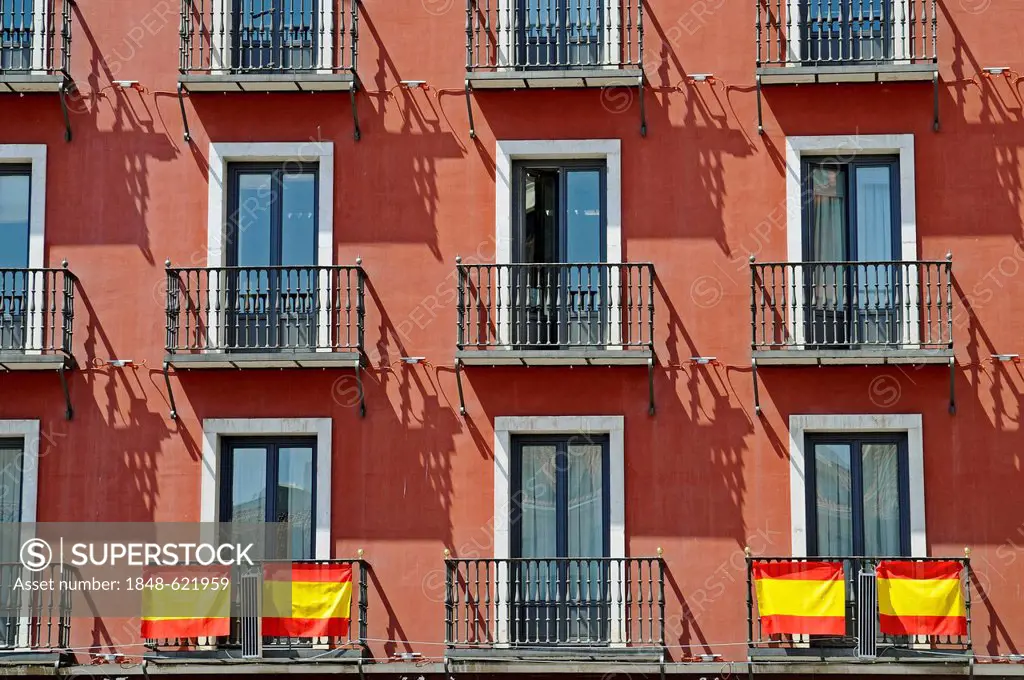 Balconies, facade, Spanish flags, Plaza Mayor, Valladolid, Castile and León, Spain, Europe, PublicGround