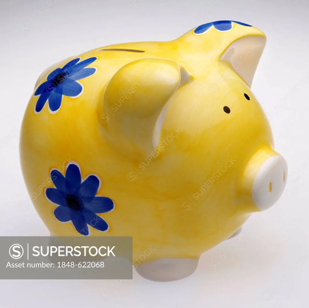 Yellow piggy bank with blue flowers