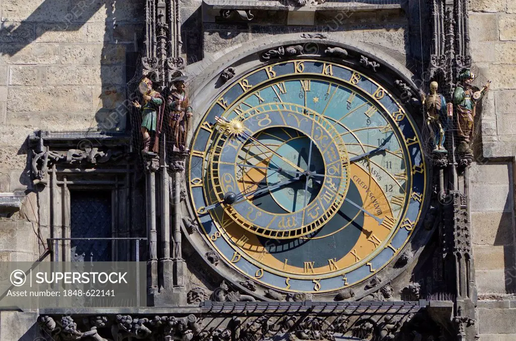Prazsky orloj, the astronomical clock of Prague's town hall, built in 1410 by royal clockmaker Mikulas of Kadan, Prague, Czech Republic, Europe