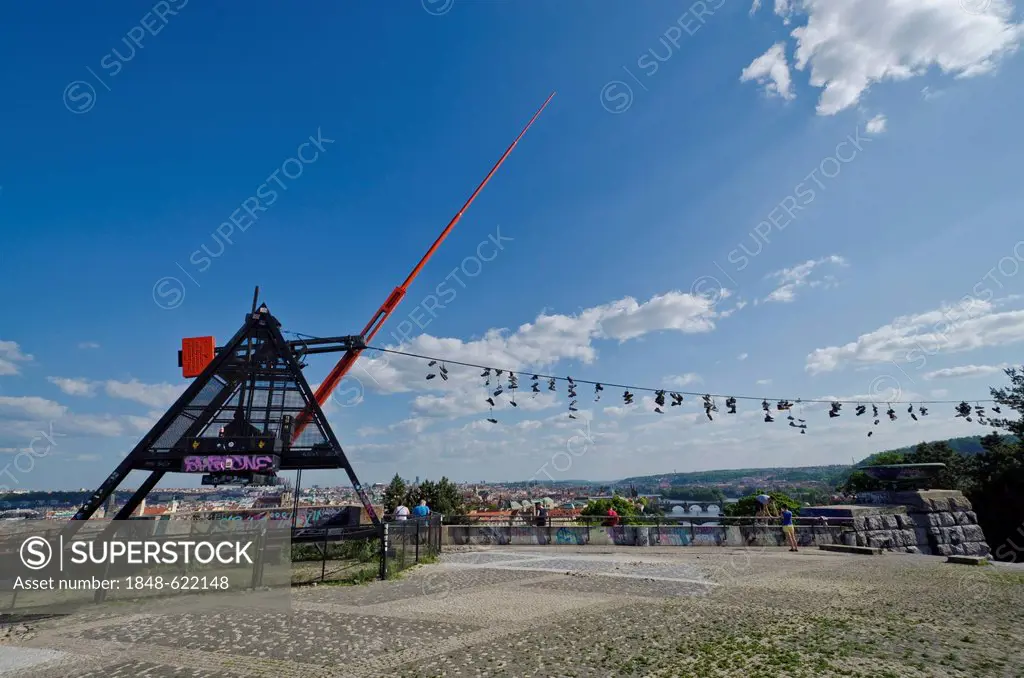 The Metronome, a 23 m high, functional metronome, overlooking the river Vltava and the city center of Prague, Czech Republic, Europe