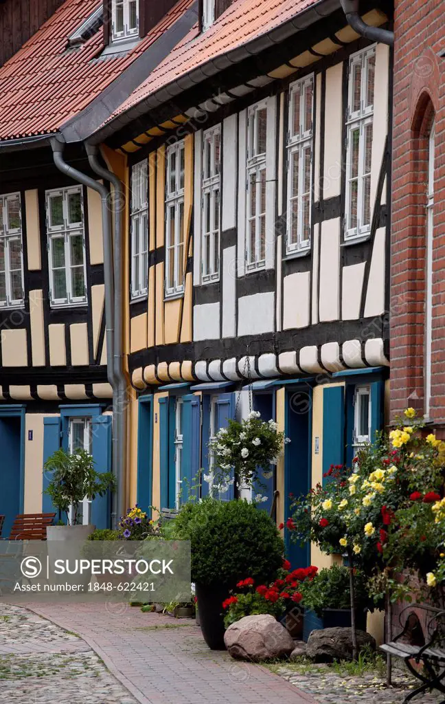 Half-timbered houses, cloistered courtyard, St. John's Abbey, Stralsund, Mecklenburg-Western Pomerania, Germany, Europe
