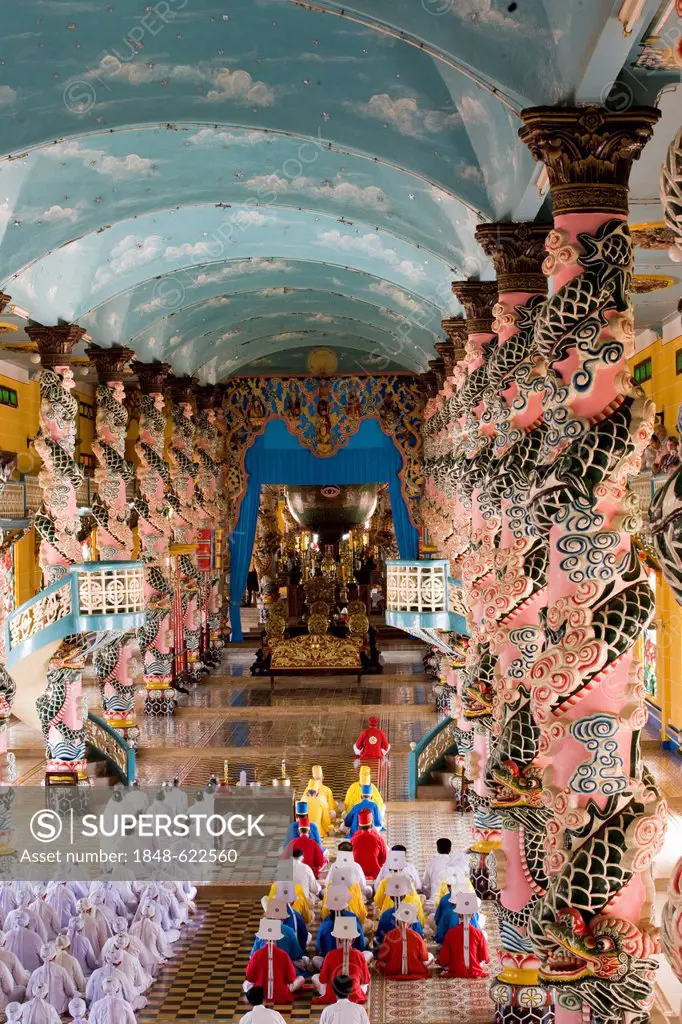 Colourful interior of the Temple of Cao Dai, Tay Ninh, southern Vietnam, Southeast Asia