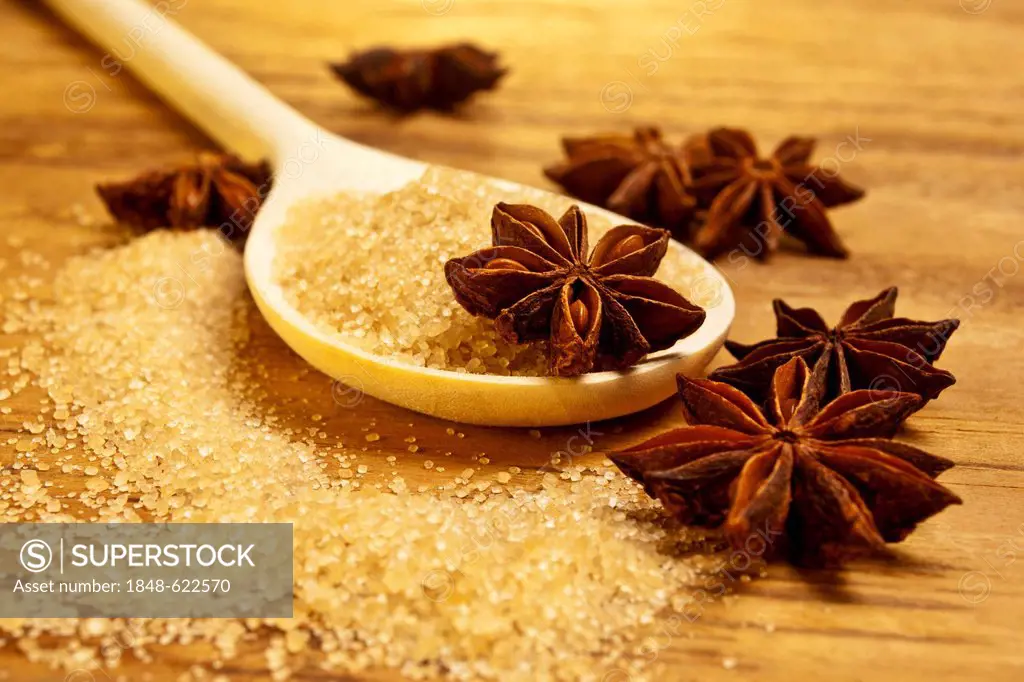 Wooden spoon with brown sugar and star anise