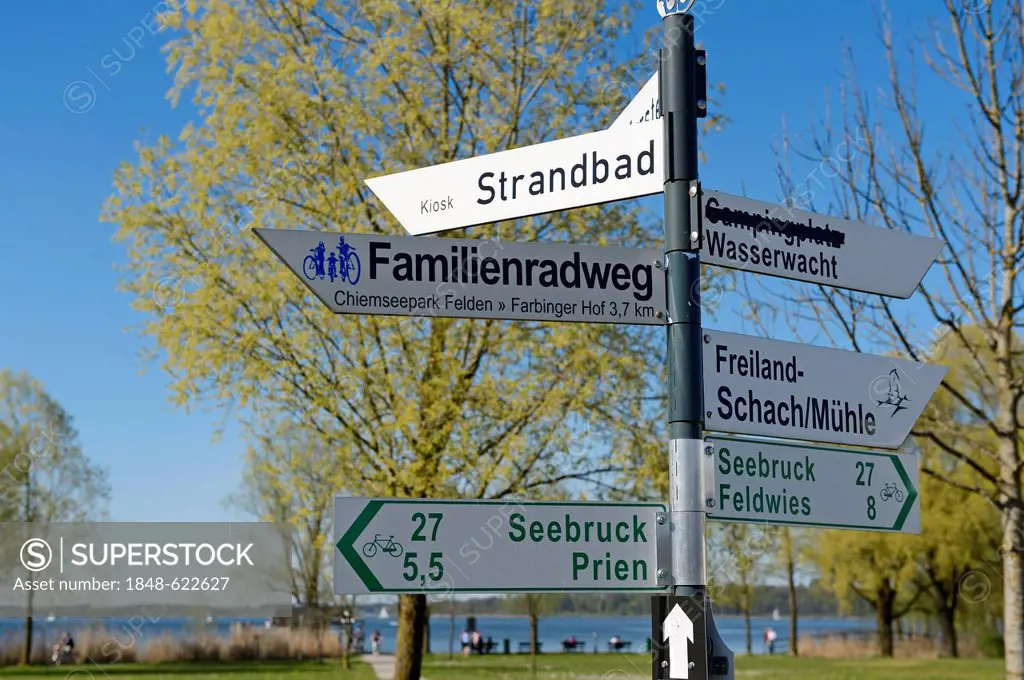Signposts for cycling paths, Bernau am Chiemsee, Chiemgau region, Upper Bavaria, Bavaria, Germany, Europe