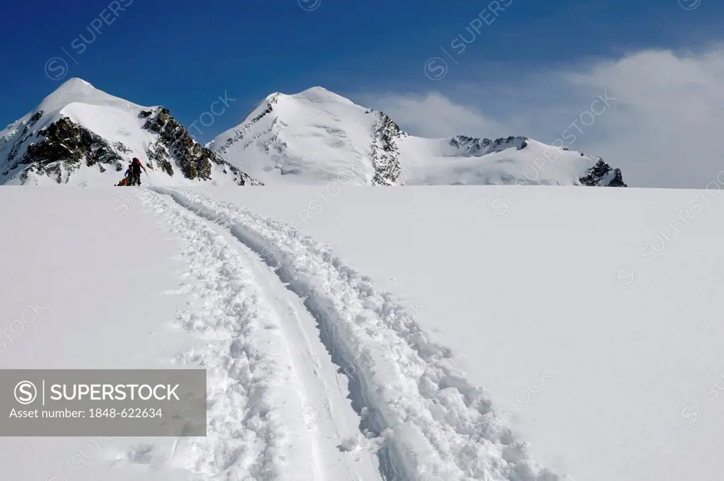 Skiing tour to Mt Breithorn, Mt Schwarztor, Zermatt, Valais, Switzerland, Europe