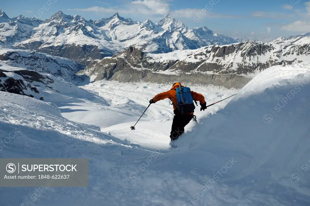 Ski-run from the mountains Schwarztor, Breithorn at Zermatt, Valais, Europe