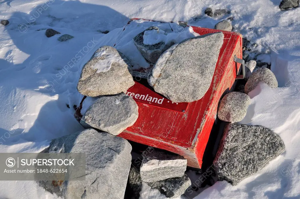 Survival kit at the landing field on an island off Ilulissat, Greenland, Arctic North America