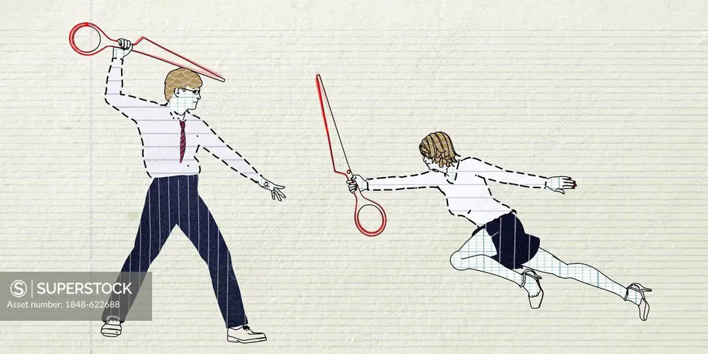 Colleagues fighting against each other with half a pair of scissors, symbolic image of office battles, illustration