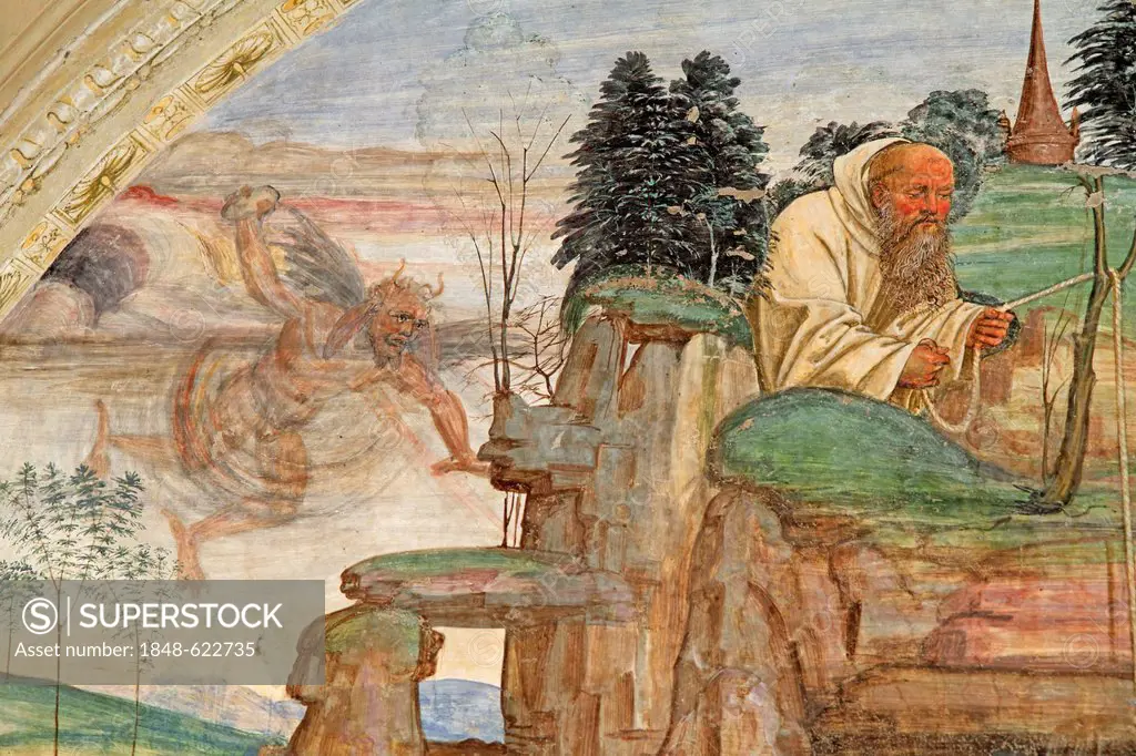Fresco, life of St. Benedict, fresco by Sodoma, detail view of picture 5, Romanus feeding Benedict, with depiction of the devil, cloister of Abbazia d...