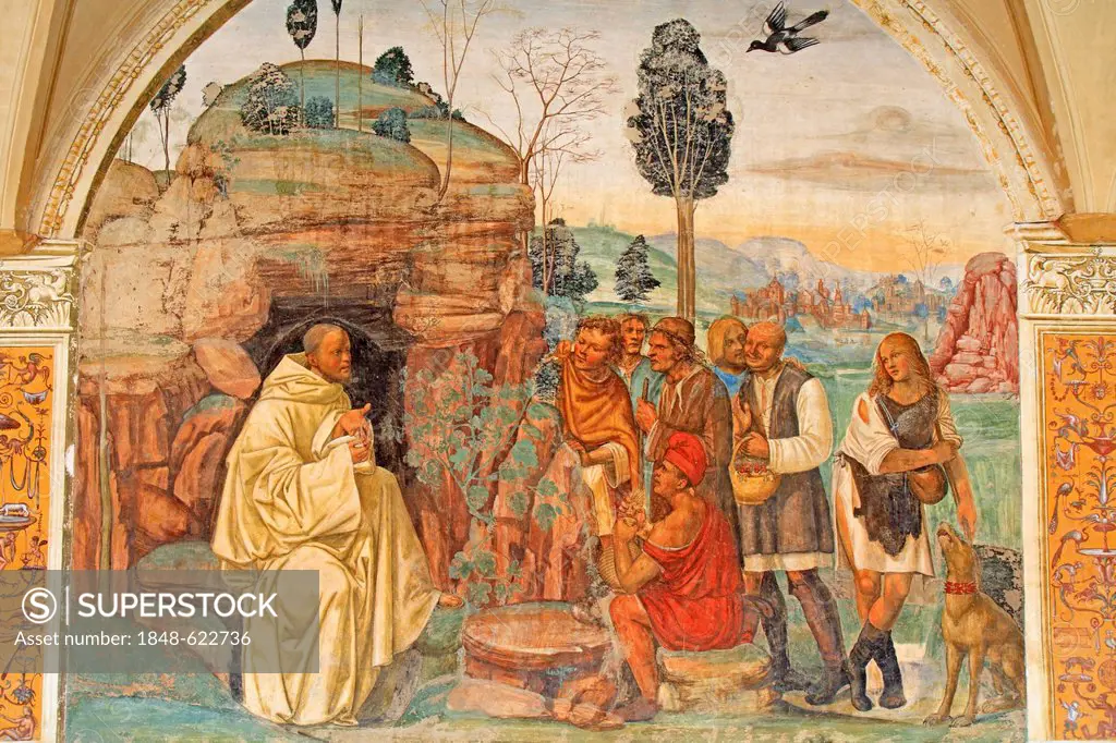 Fresco, life of St. Benedict, fresco by Sodoma, picture 7, Benedict teaching Christianity to the farmers, cloister of Abbazia di Monte Oliveto Maggior...