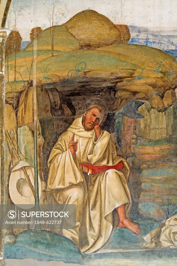 Fresco, life of St. Benedict, fresco by Sodoma, picture 8, Benedict is visited by unchastity, cloister of Abbazia di Monte Oliveto Maggiore, monastery...