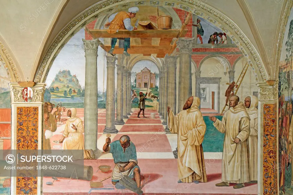 Fresco, life of St. Benedict, fresco by Sodoma, picture 11, Benedict establishes 12 monasteries, cloister of Abbazia di Monte Oliveto Maggiore, monast...