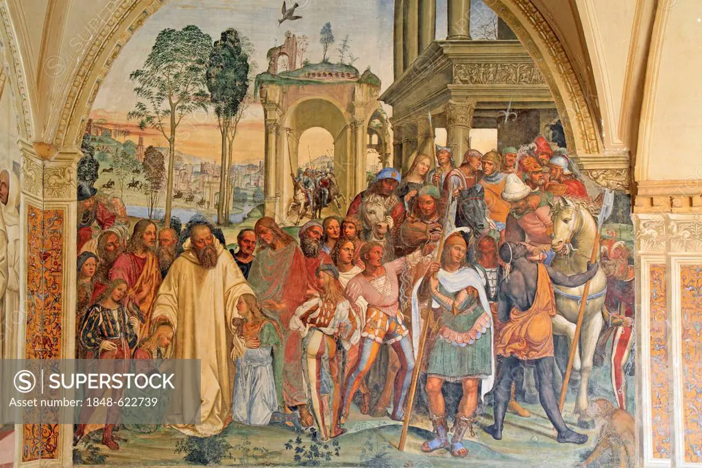 Fresco, life of St. Benedict, fresco by Sodoma, picture 12, Benedict receives Maurus and Placidus, cloister of Abbazia di Monte Oliveto Maggiore, mona...
