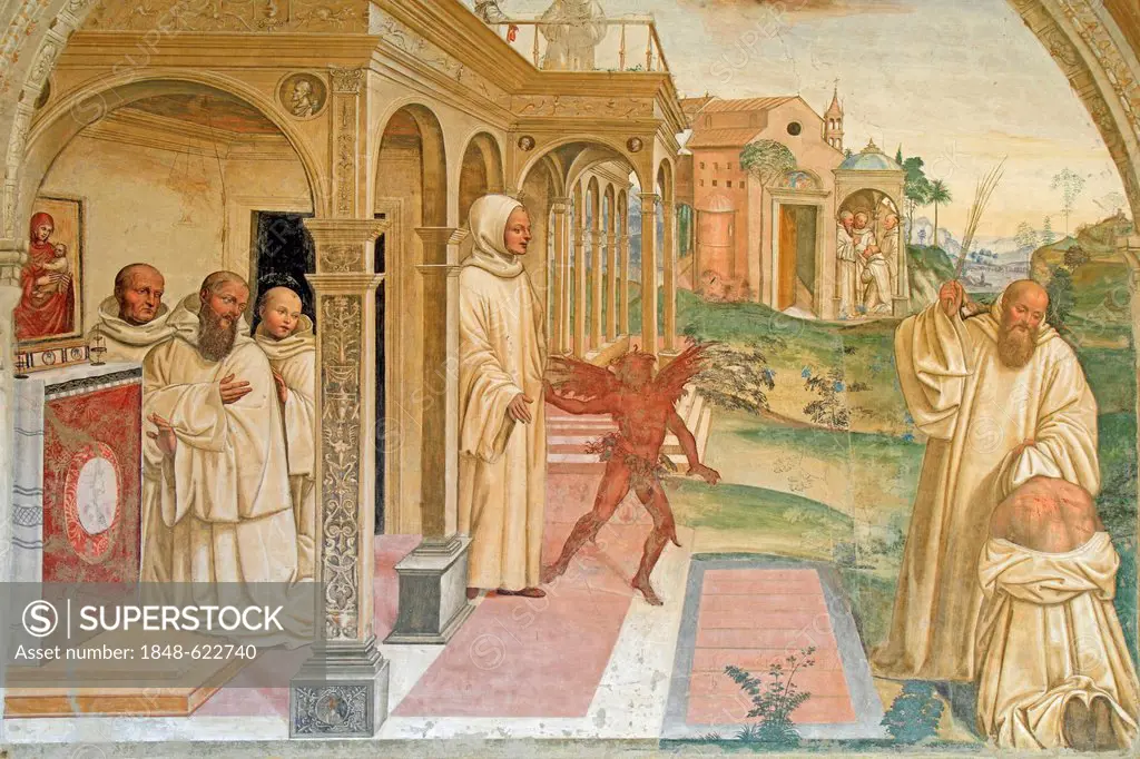 Fresco, life of St. Benedict, fresco by Sodoma, picture 13, Benedict exorcises the devil from a possessed man, cloister of Abbazia di Monte Oliveto Ma...