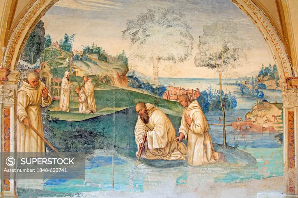 Fresco, life of St. Benedict, fresco by Sodoma, picture 15, Benedict guides the blade of a scythe, which had fallen into a pond, back to the shaft, cl...