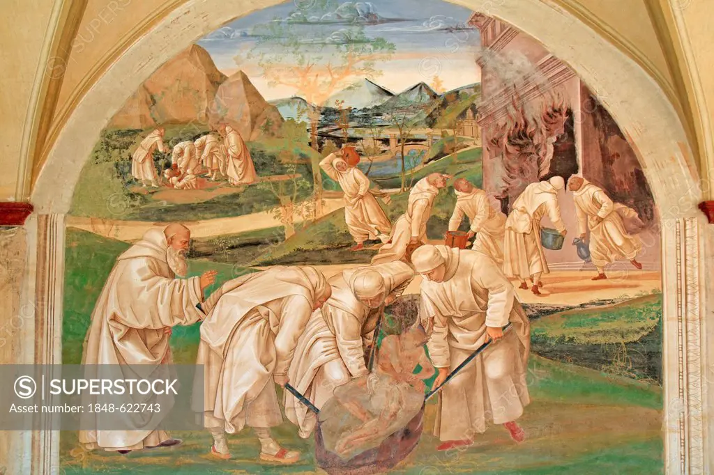 Fresco series depicting the life of St. Benedict, fresco by Signorelli, scene 21, Benedict expelling the devil who was blocking the construction of th...