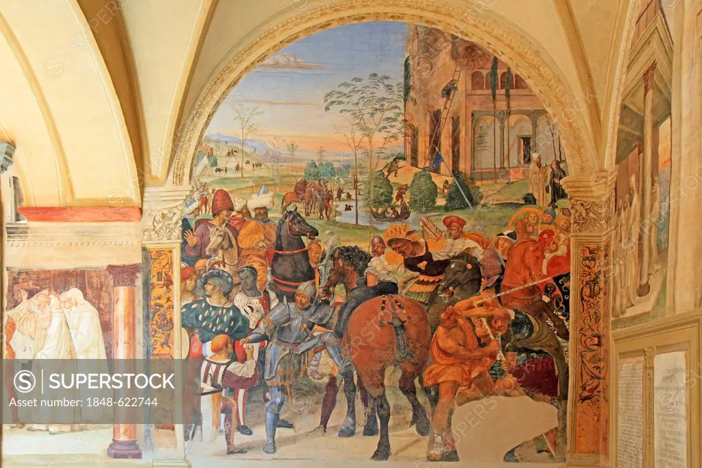 Fresco series depicting the life of St. Benedict, fresco by Sodoma, cloister of Abbazia di Monte Oliveto Maggiore Abbey, Tuscany, Italy, Europe