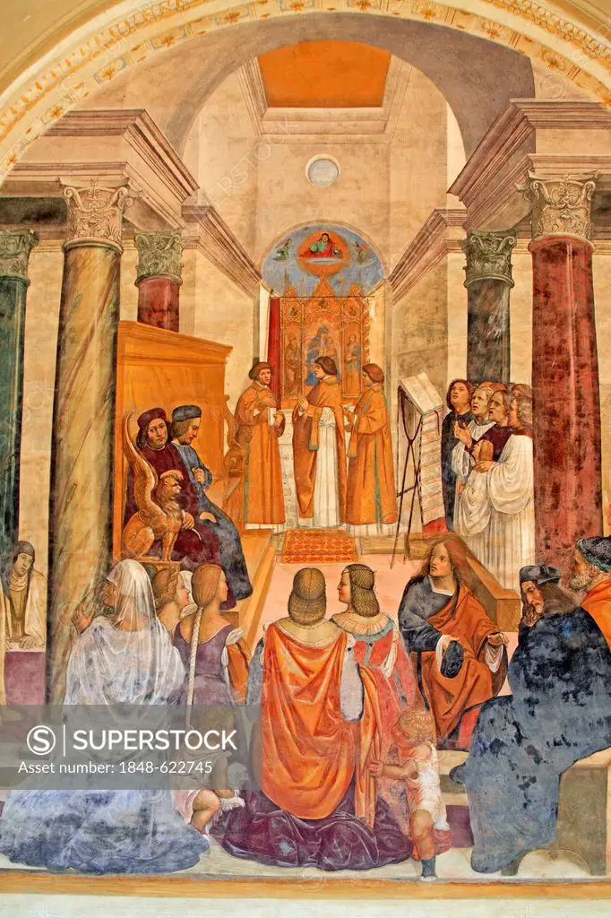 Fresco series depicting the life of St. Benedict, fresco by Sodoma, scene 33, Benedict providing absolution for excommunicated dead nuns, cloister of ...