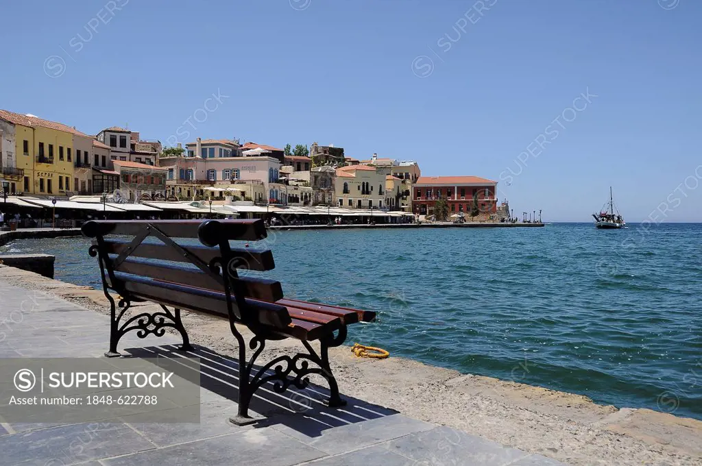 Bench, harbour, Chania, Crete, Greece, Europe