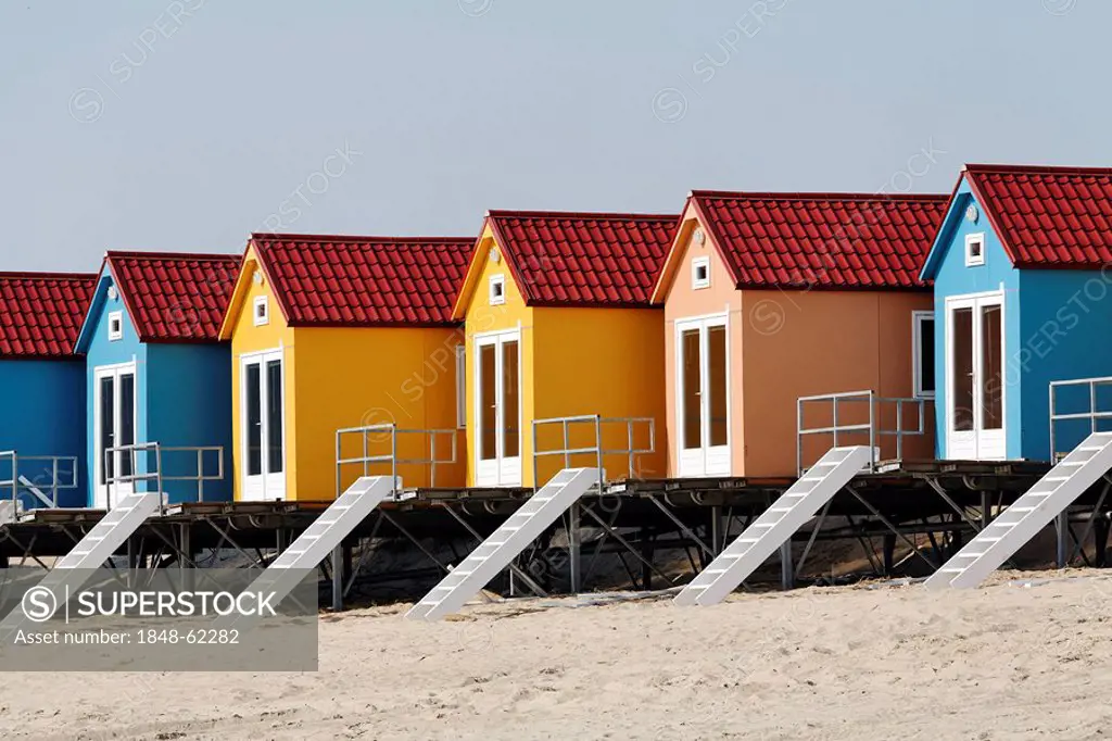 Colourful beach changing cabins, Vlissingen, Walcheren, Zeeland, Netherlands