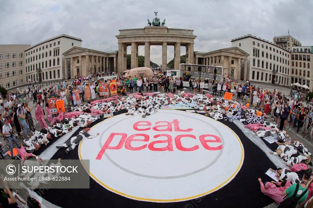 Die-in action at the start of the veggie parade, vegans and vegetarians protesting under the slogan eat peace for a diet without animal exploitation, ...
