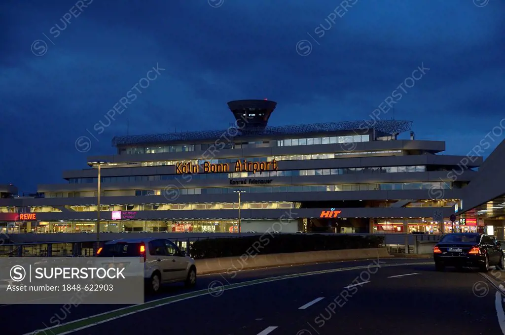 Cologne Bonn Airport, at night, dusk, Cologne, North Rhine-Westphalia, Germany, Europe