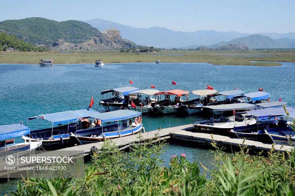 Excursion boats on the river, river delta in the nature reserve between Caunos and Iztuzu beach, Turtle beach, Dalyan, Mugla province, Mediterranean, ...